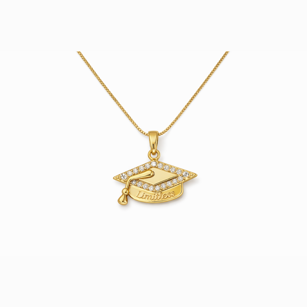 Gold graduation cap pendant necklace with crystal top and “Limitless” engraving