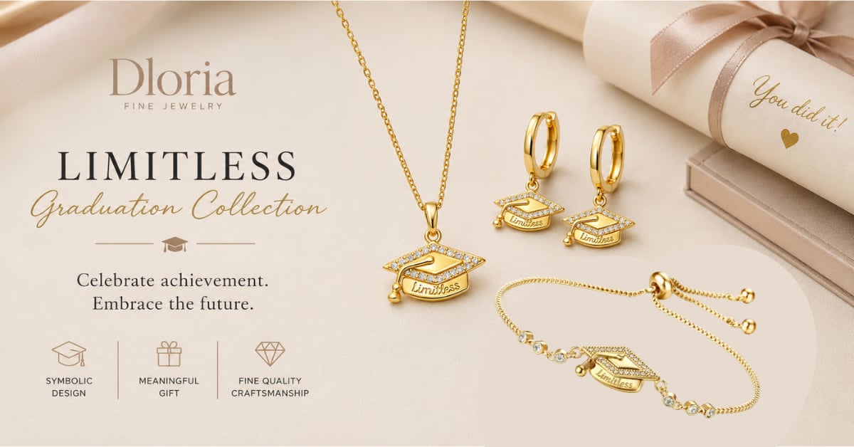 Graduation cap jewelry set: gold necklace, earrings, and bracelet