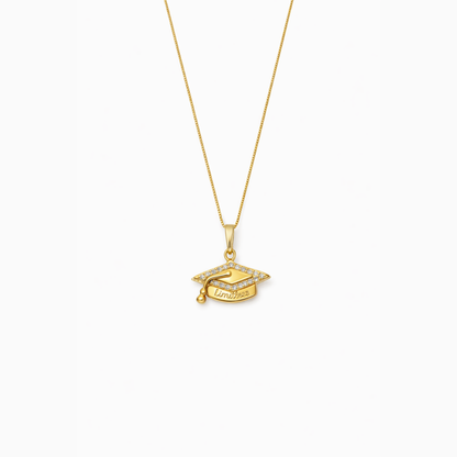 Graduation cap pendant necklace with gold-tone chain and rhinestone cap charm
