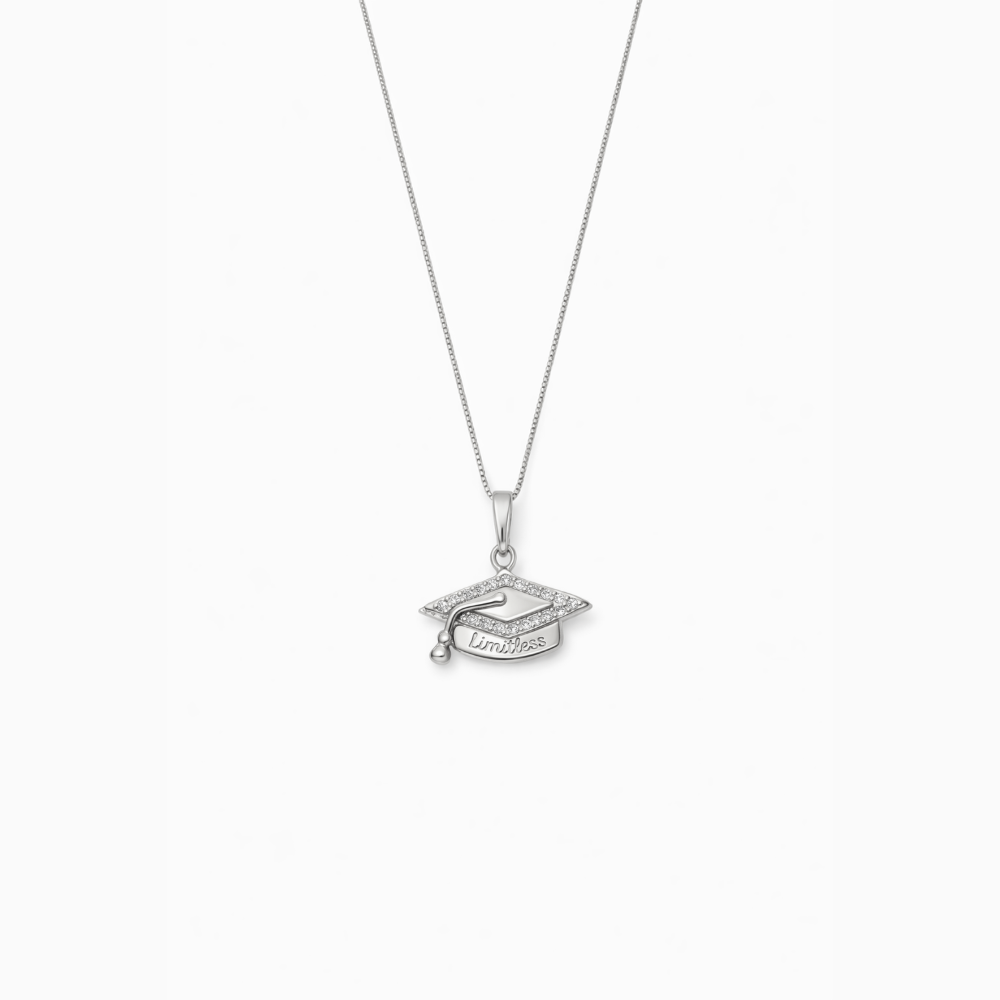 Graduation cap pendant necklace with silver-tone chain and rhinestone cap charm