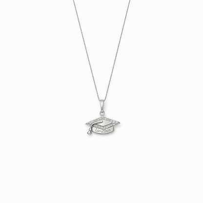 Graduation cap pendant necklace with silver-tone chain and rhinestone cap charm