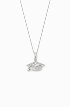 Silver-tone graduation cap pendant necklace with rhinestone cap and small side bead
