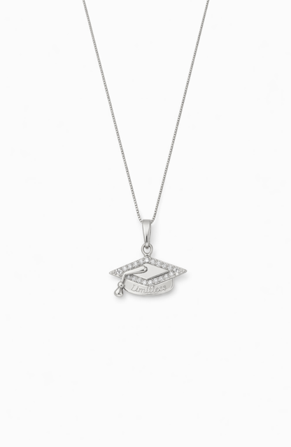 Silver-tone graduation cap pendant necklace with rhinestone cap and small side bead