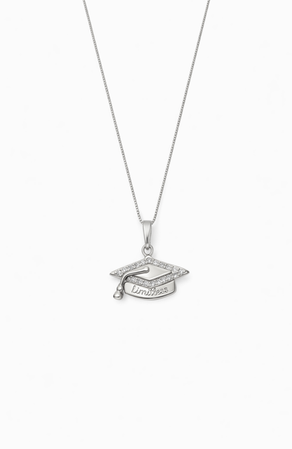 Silver-tone graduation cap pendant necklace with rhinestone cap charm and side bead