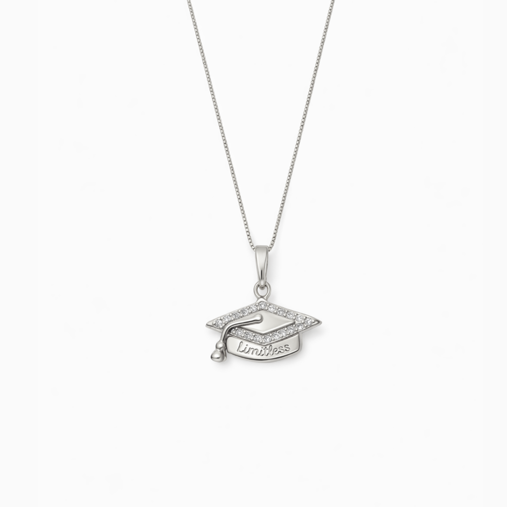 Silver-tone graduation cap pendant necklace with round stone detail on cap top