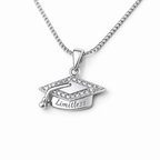 Silver graduation cap pendant necklace with “Limitless” engraving and crystal border