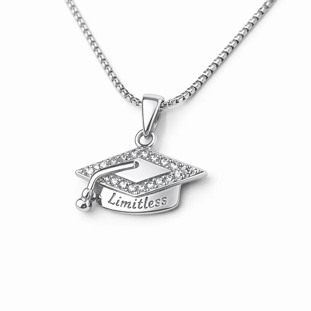 Silver graduation cap pendant necklace with “Limitless” engraving and crystal border