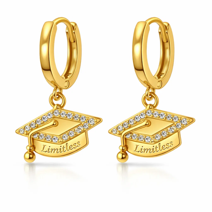 Gold huggie hoop graduation earrings with “Limitless” cap charm and rhinestone border