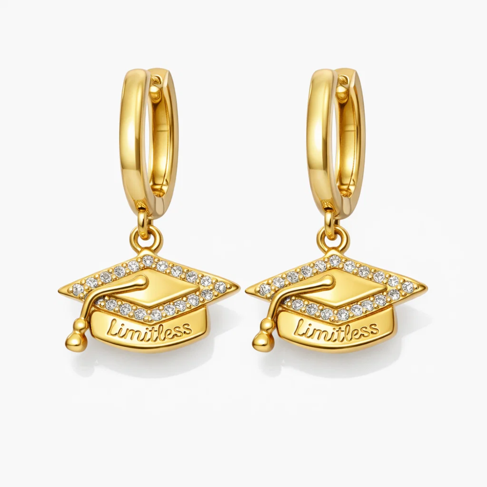 Gold huggie hoop earrings with graduation cap dangle charm, “Limitless” engraving