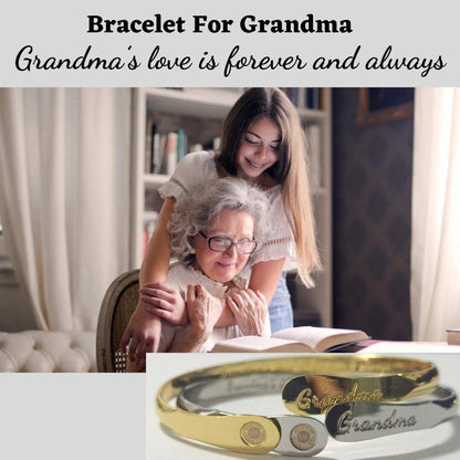 Two-tone cuff bracelet with 'Grandma' text and round coin charm accents