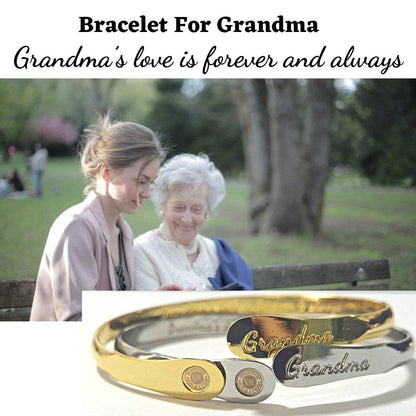 Two-tone gold and silver cuff bracelet with “Grandma” engraving, shown in lifestyle scene