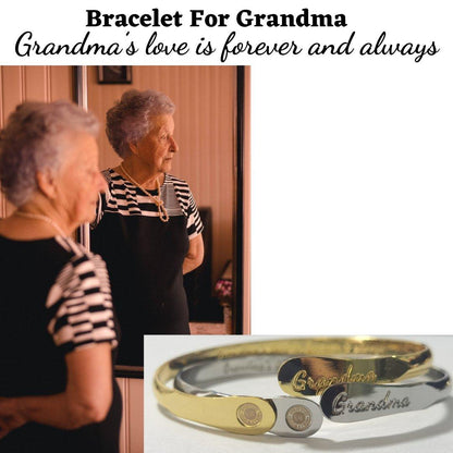 Two-tone bangle bracelet with engraved 'Grandma' and circular charm details