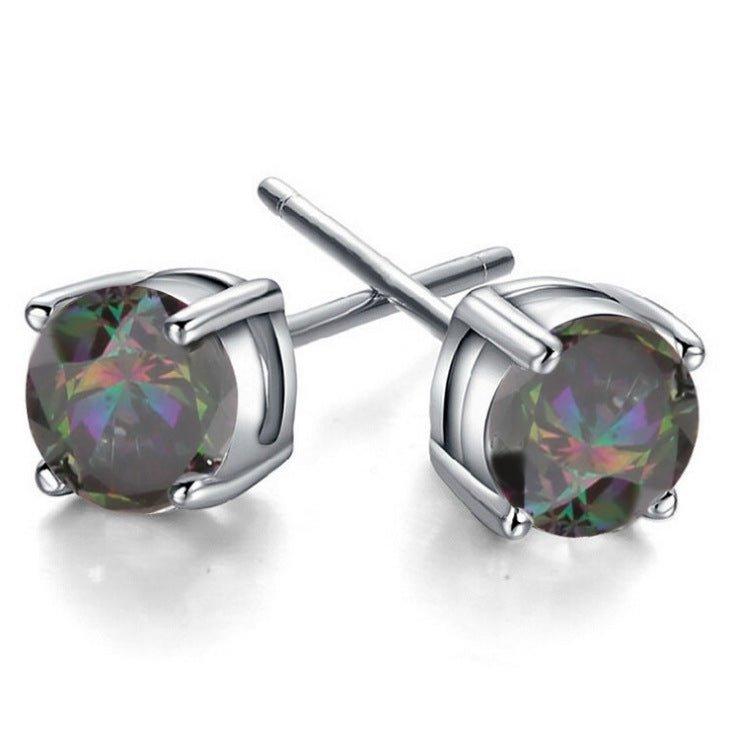 Round topaz stud earrings with prong-set rainbow gemstone in silver-tone bezel