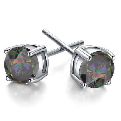 Round topaz stud earrings with prong-set rainbow gemstone in silver-tone bezel