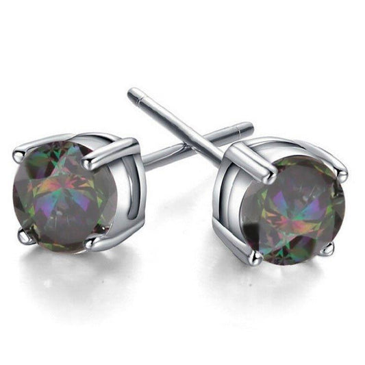 Round topaz stud earrings with prong-set rainbow gemstone in silver-tone bezel