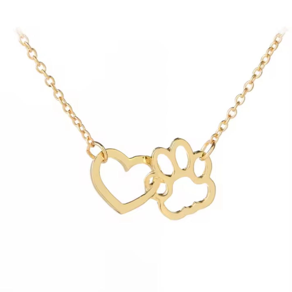 Gold heart and paw pendant necklace on link chain