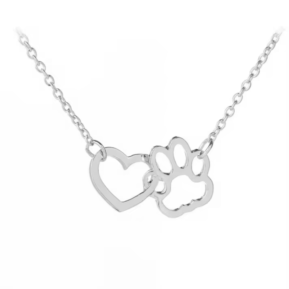 Silver heart and paw pendant necklace on link chain