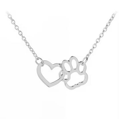 Silver heart and paw pendant necklace on link chain