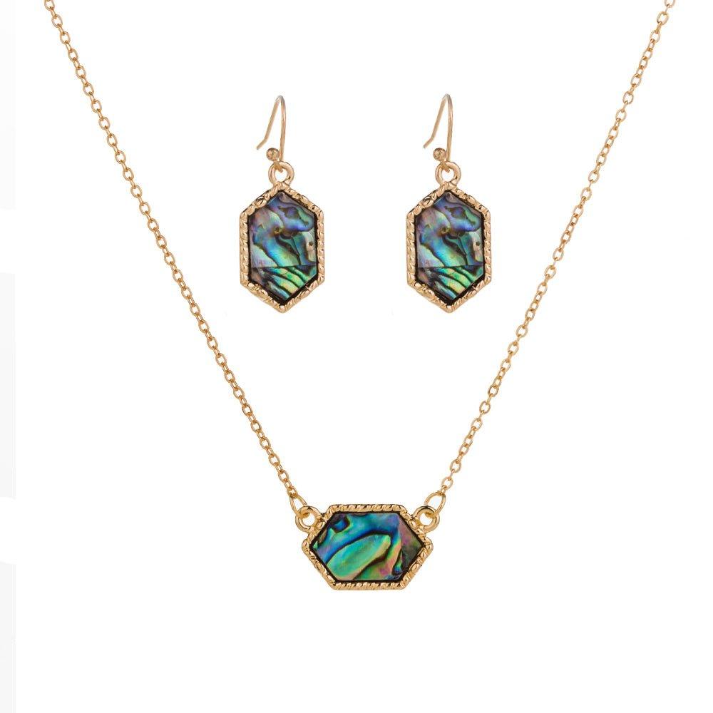 Hexagon abalone pendant necklace with matching hexagon abalone drop earrings, gold-tone