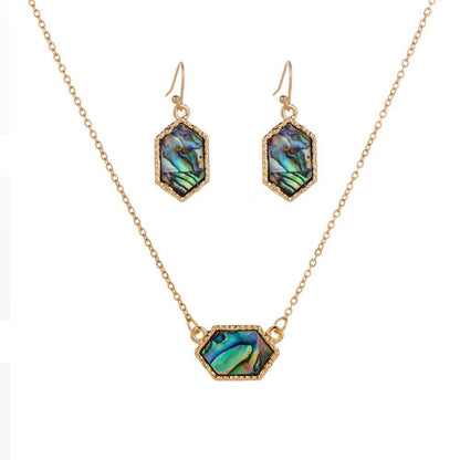 Hexagon abalone pendant necklace with matching hexagon abalone drop earrings, gold-tone