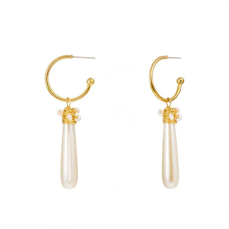 Gold hoop dangle earrings with pearly teardrop pearl charm