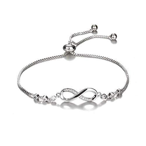 Silver infinity bracelet with adjustable chain and small crystal accents