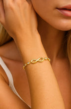 Gold infinity-link bracelet with oval stones, close-up on wrist