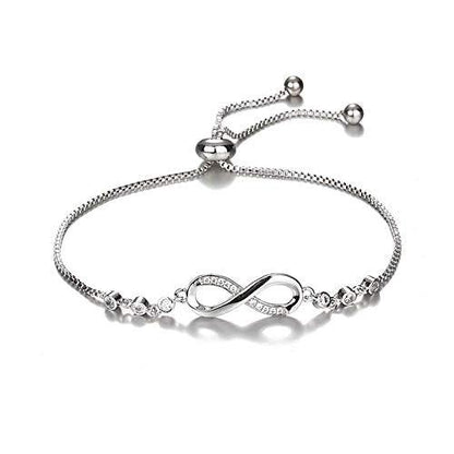 Silver infinity bracelet with adjustable chain and crystal accents