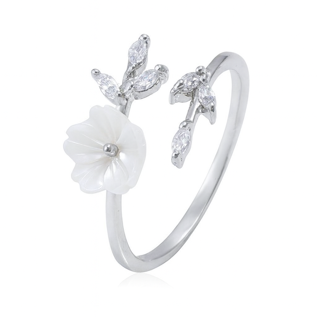 Silver cherry blossom ring with white flower and clear marquise stone accents