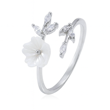 Silver cherry blossom ring with white flower and clear marquise stone accents