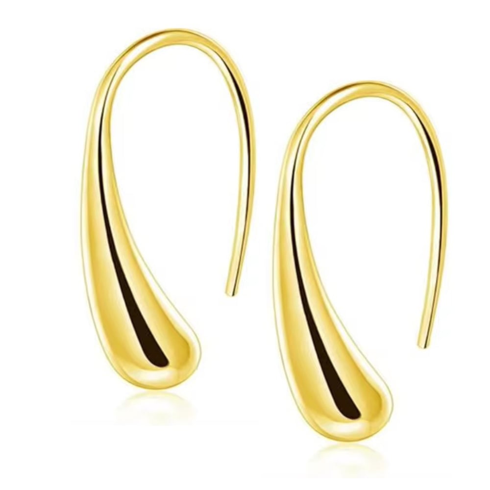 Gold teardrop dome drop earrings with curved hollow U design, shiny finish