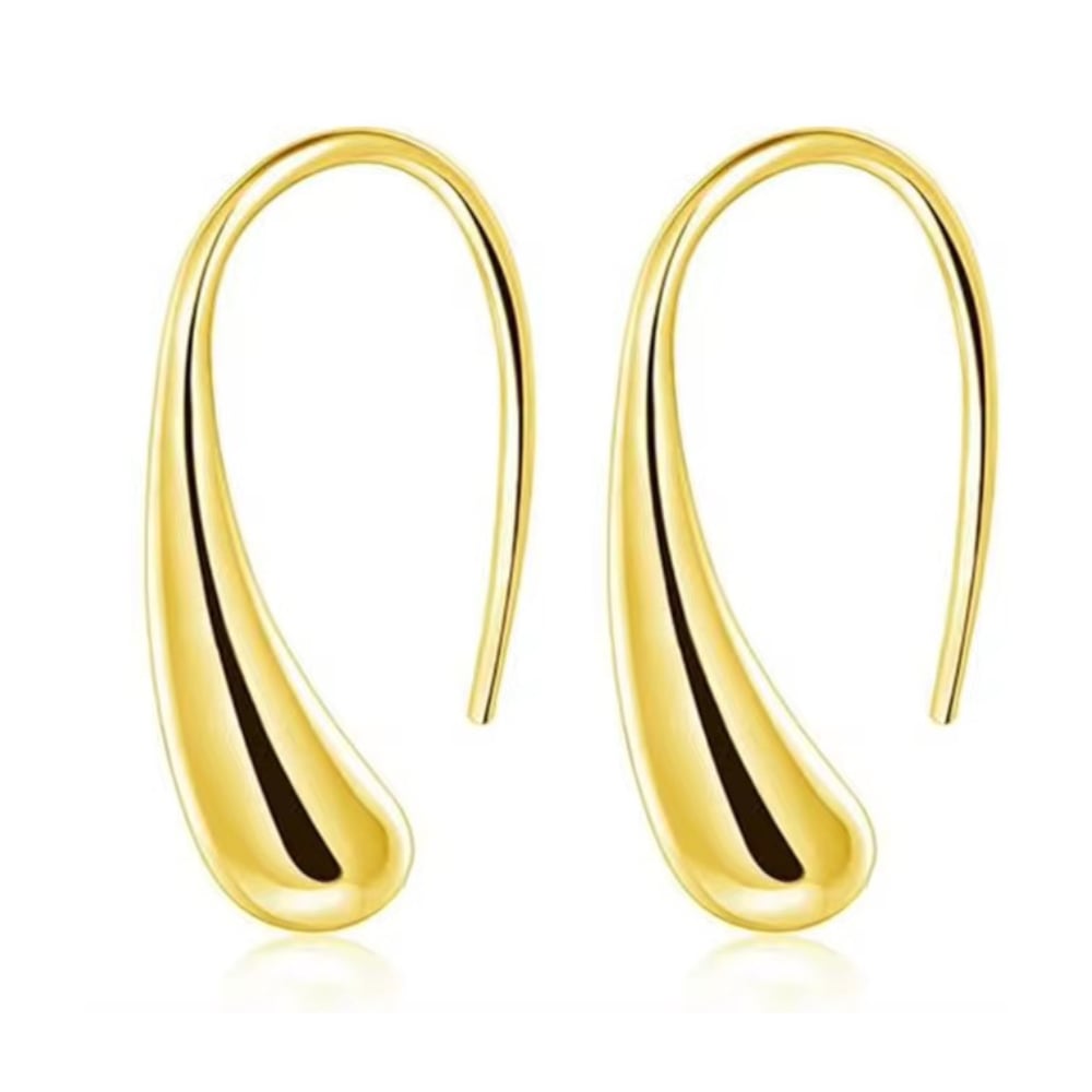 Gold teardrop dome hoop earrings, pair on white background