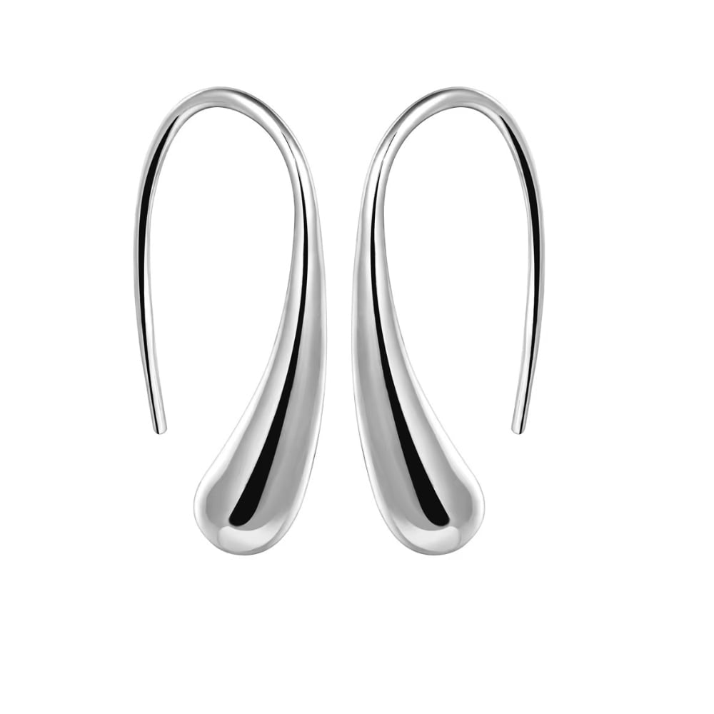 Silver teardrop dome hoop earrings, pair on white background