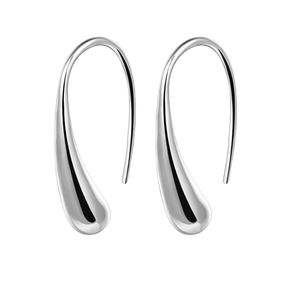 Silver teardrop dome hoop earrings, pair on white background