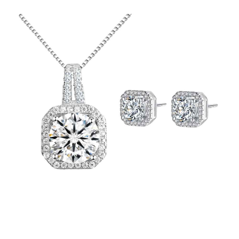 Necklace and stud earring set with square halo CZ pendant and matching earrings