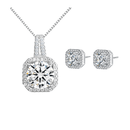 Necklace and stud earring set with square halo CZ pendant and matching earrings
