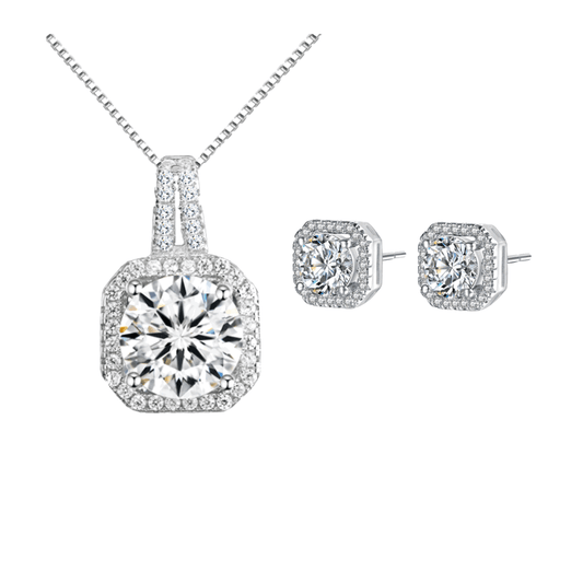 Necklace and stud earring set with square halo CZ pendant and matching earrings
