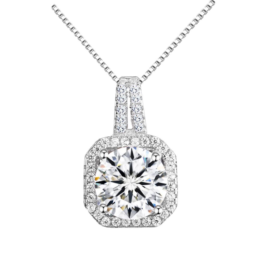 Rhinestone halo pendant necklace with silver-tone chain and faceted center stone