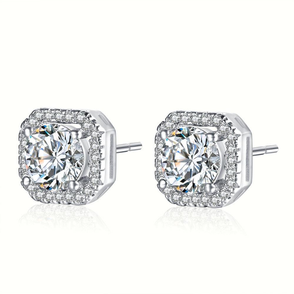 Silver-tone stud earrings with square halo CZ and round center stones