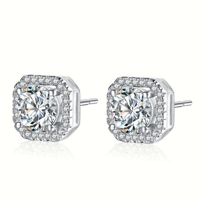 Silver-tone stud earrings with square halo CZ and round center stones