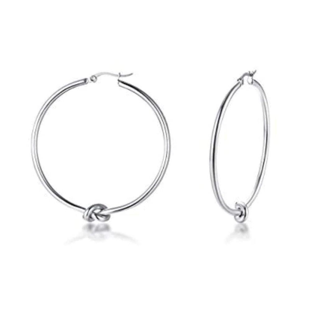 Silver knot hoop earrings with twisted knot detail at front