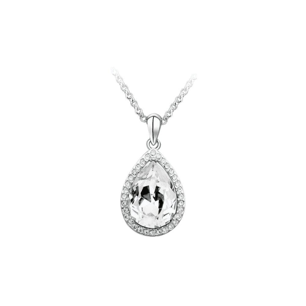 Silver necklace with large clear crystal teardrop pendant surrounded by smaller crystals.