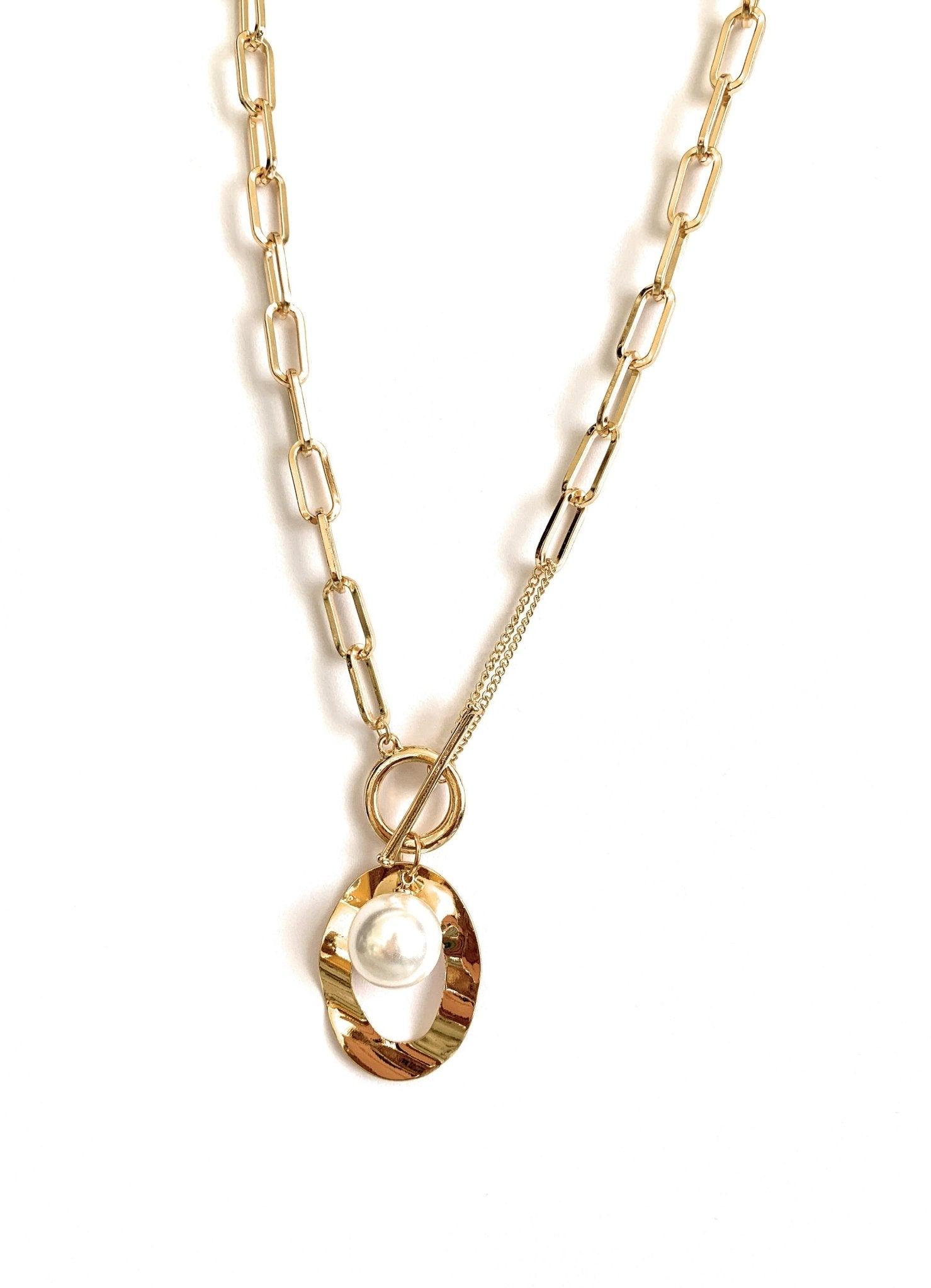 Gold link necklace with teardrop oval pendant and white simulated pearl