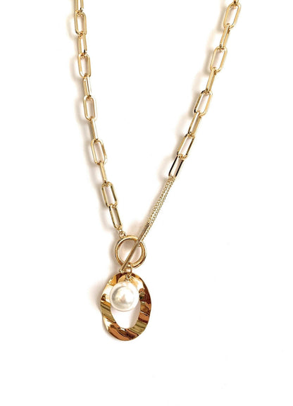 Gold link necklace with teardrop oval pendant and white simulated pearl