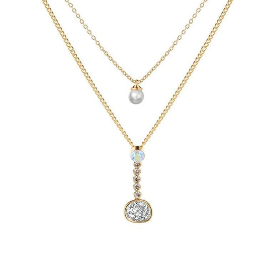 Layered gold-tone necklace with pearl, crystal, and round druzy-style pendant