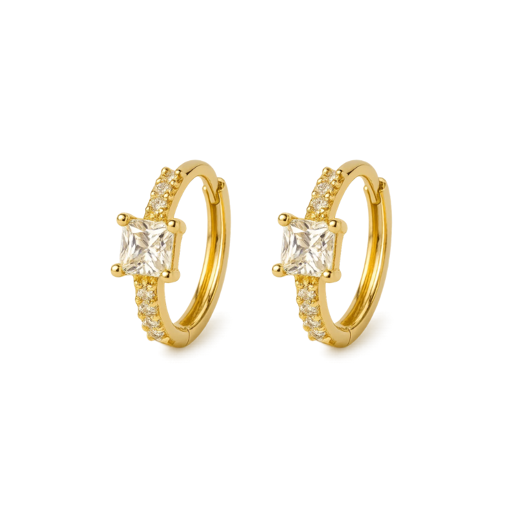 Gold square-cut huggie hoop earrings with clear stone and pave detailing