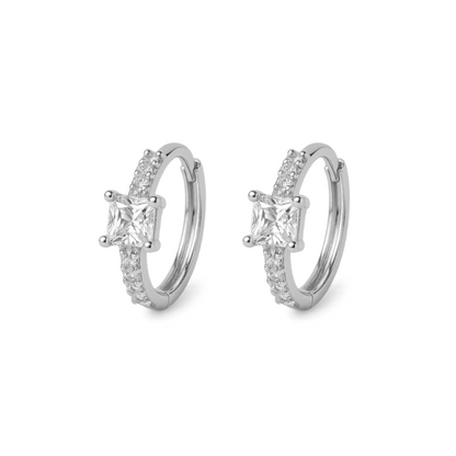 Silver square-cut huggie hoop earrings with clear stone and pave detailing