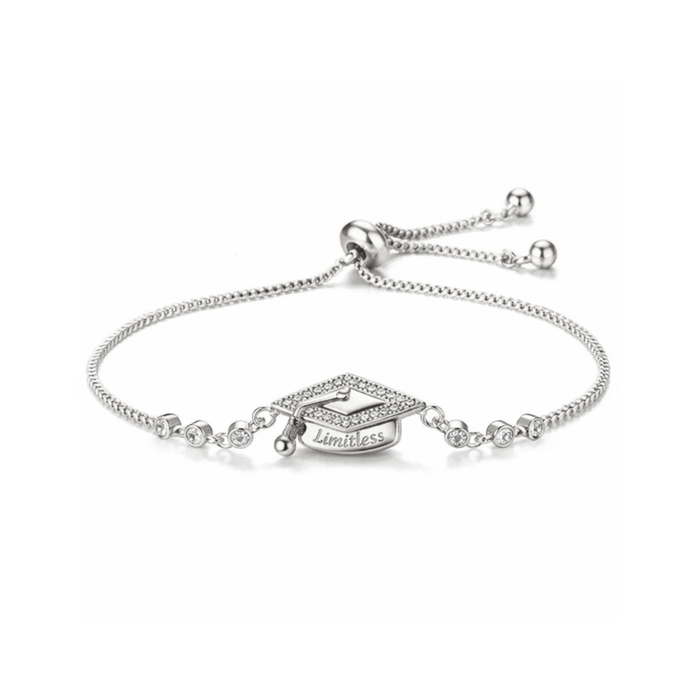 Adjustable silver bracelet with graduation cap pavé charm and chain slides