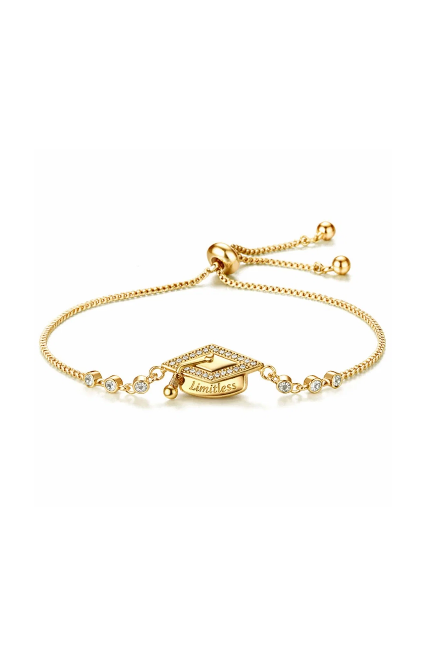 Gold adjustable bracelet with pavé graduation cap charm and bead accents
