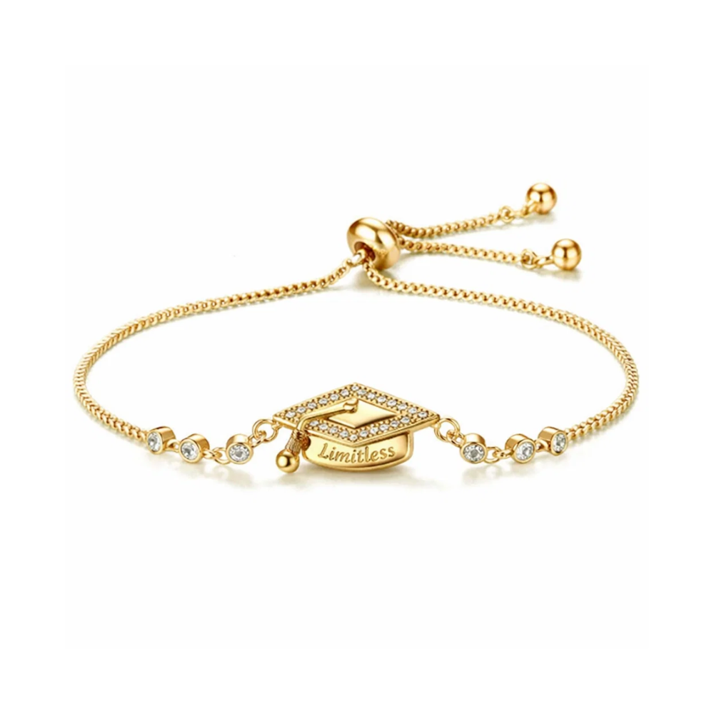 Gold graduation cap pavé bracelet with adjustable chain